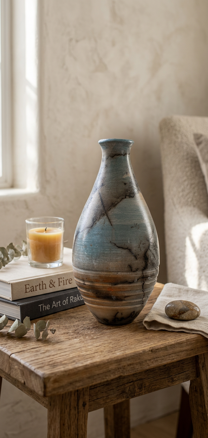 Blue and Orange Horsehair Pottery Vase