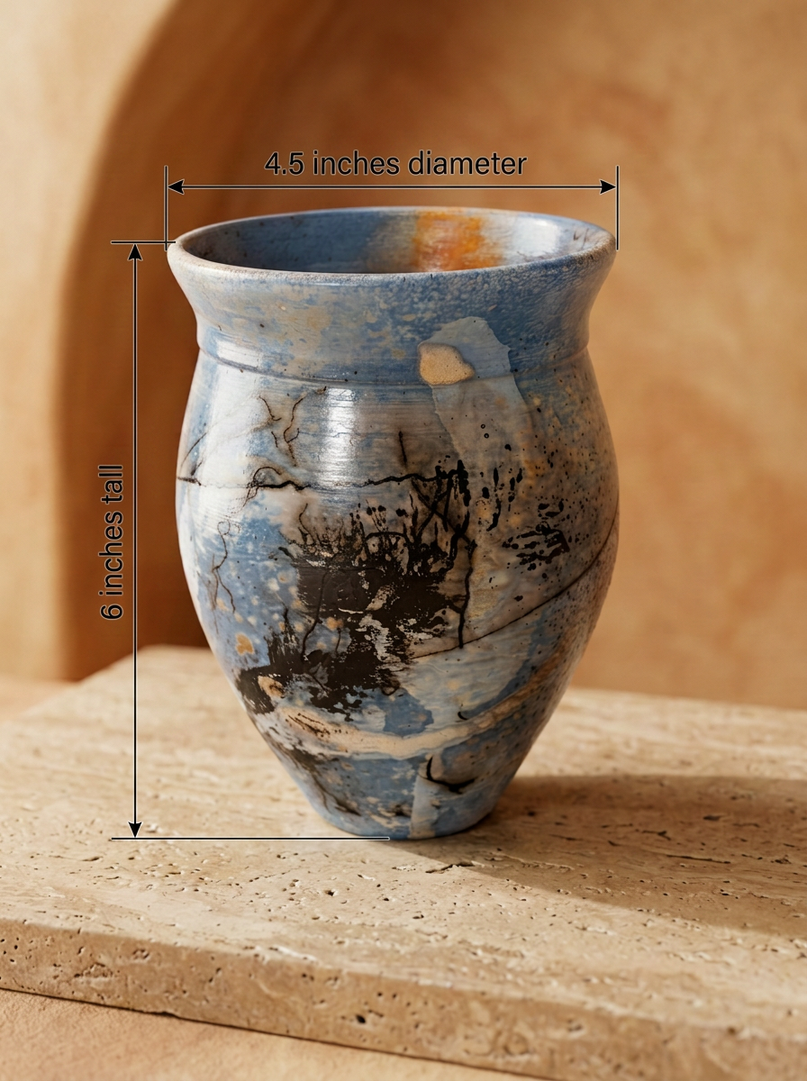 A small handmade ceramic cup with a blue, black, and beige marbled pattern, shown with dimension lines indicating a 4.5-inch diameter and 6-inch height against a warm, textured background.