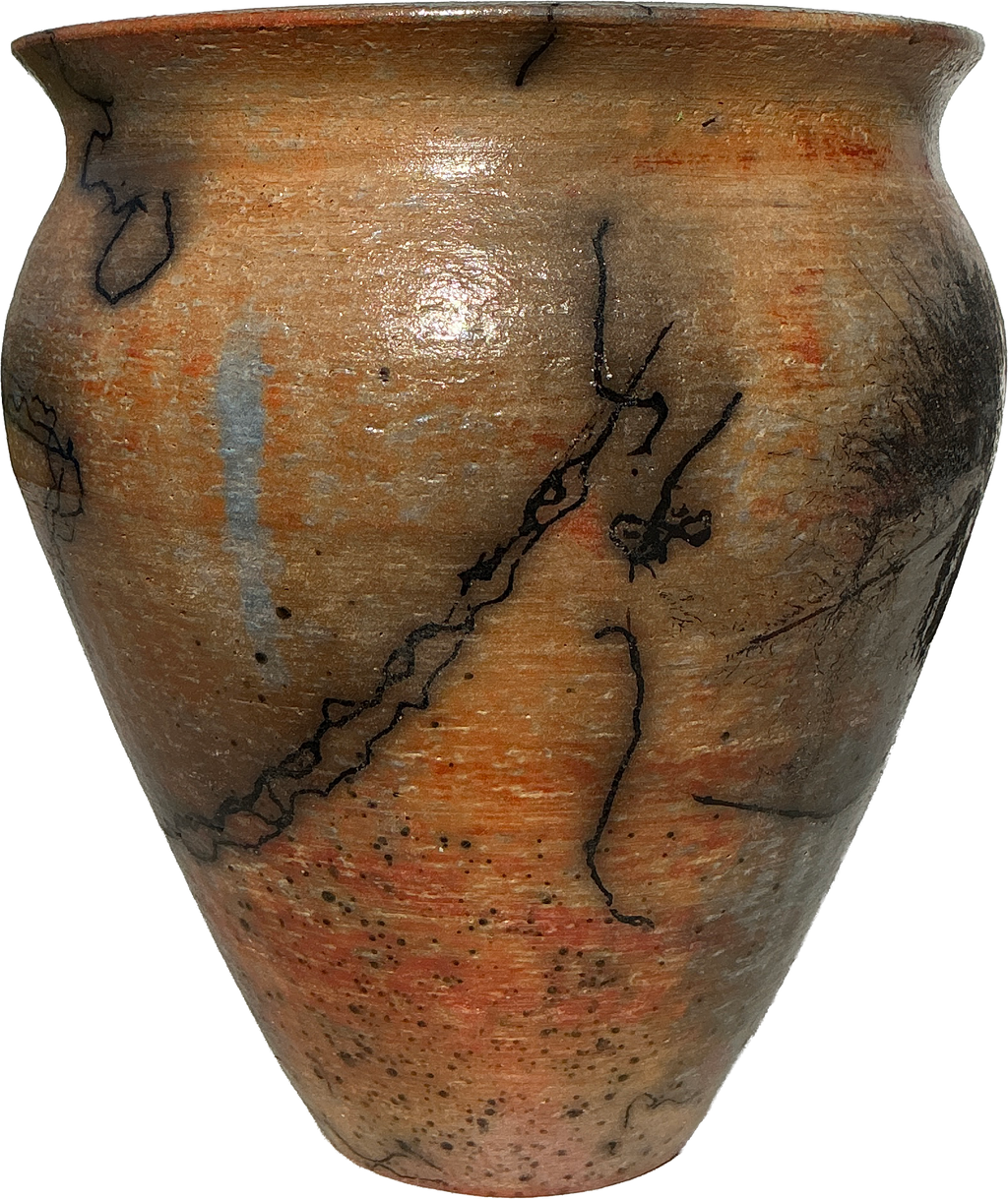 A handmade ceramic vase with a conical shape, featuring a textured glaze in earthy tones of terracotta orange, brown, and gray, accented with black organic vein-like patterns and dark speckles.