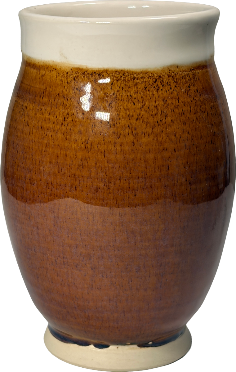 A handmade ceramic vase with a glossy brown and amber-brown speckled glaze, featuring a contrasting matte off-white glazed rim and base, shown on a white background.