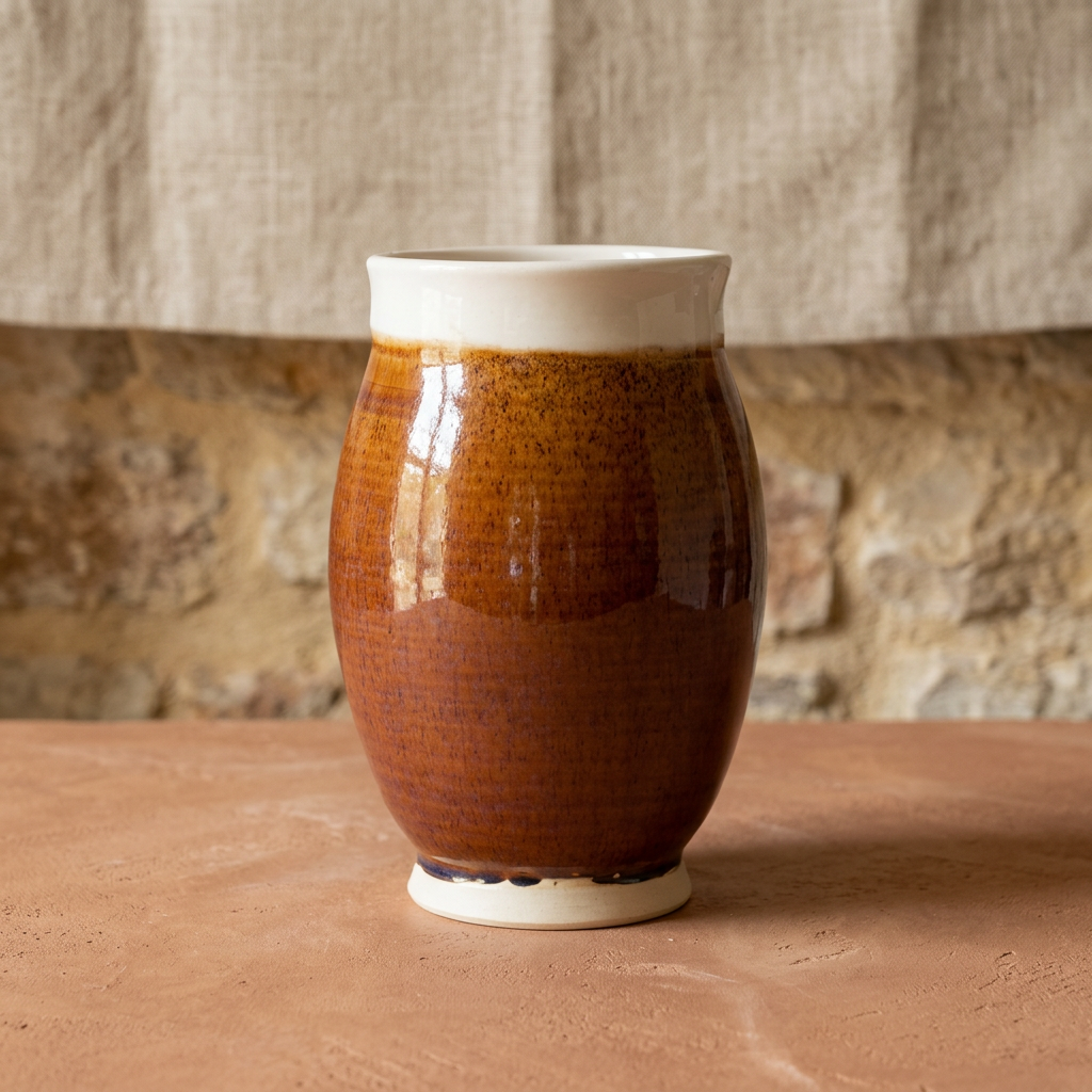 A handmade ceramic vase with a glossy brown speckled glaze and a contrasting white rim, set on a terracotta surface against a rustic stone and linen backdrop.